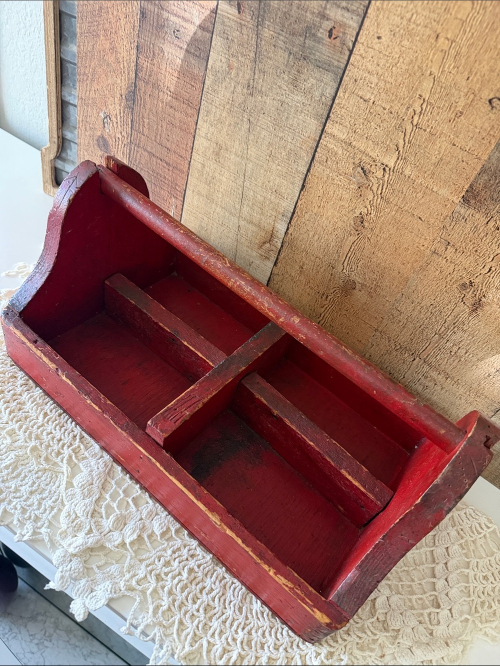 VTG primitive red wooden tool box or utility caddy - Picture 2 of 14